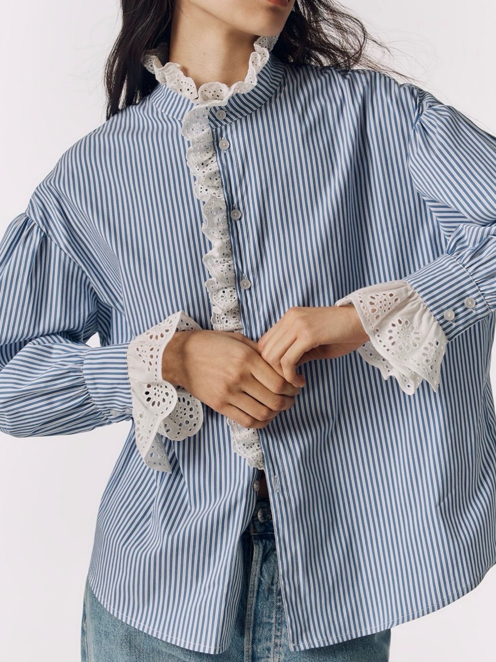Anthropologie Exquise Lace Trim Striped Buttondown XS Petite - NWT